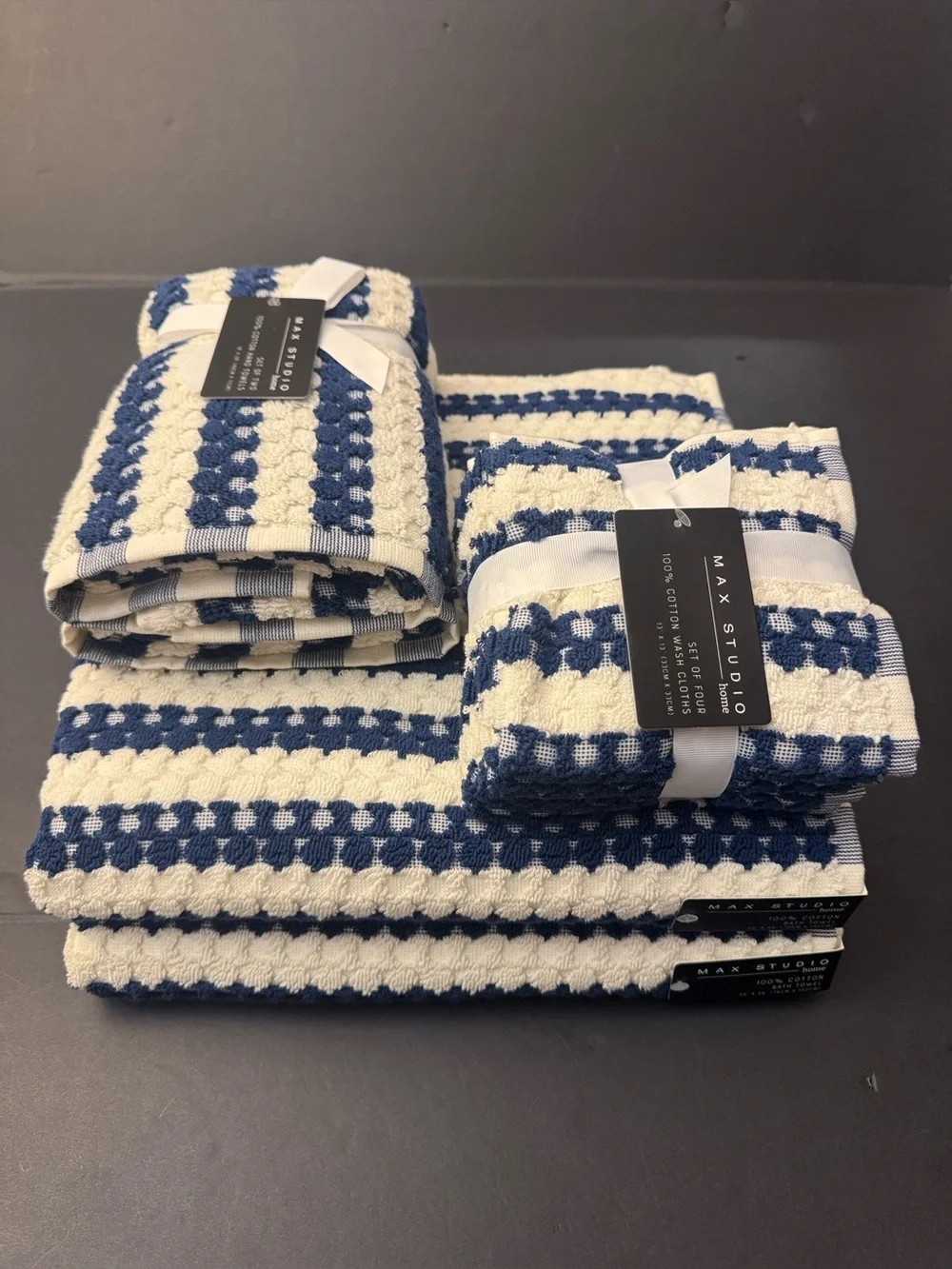 8pc MAX STUDIO 100% Cotton Textured Bath Towel Set - Blue/Off White